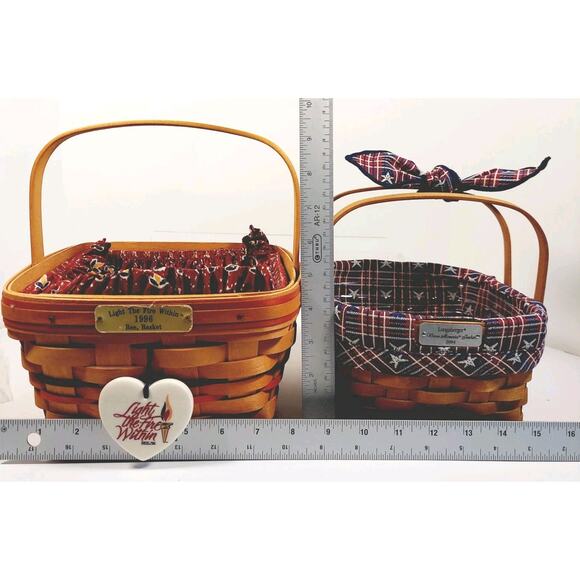 Lot Of 2 Square Longaberger Baskets w/ Handles Liners Tie On Bee Fire Memories - Picture 14 of 16